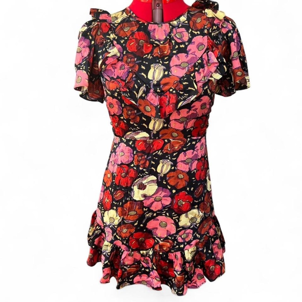 Cinq A Sept Multicolor Floral Ruffle Silk Short Sleeve‎ Mini Dress Size 8